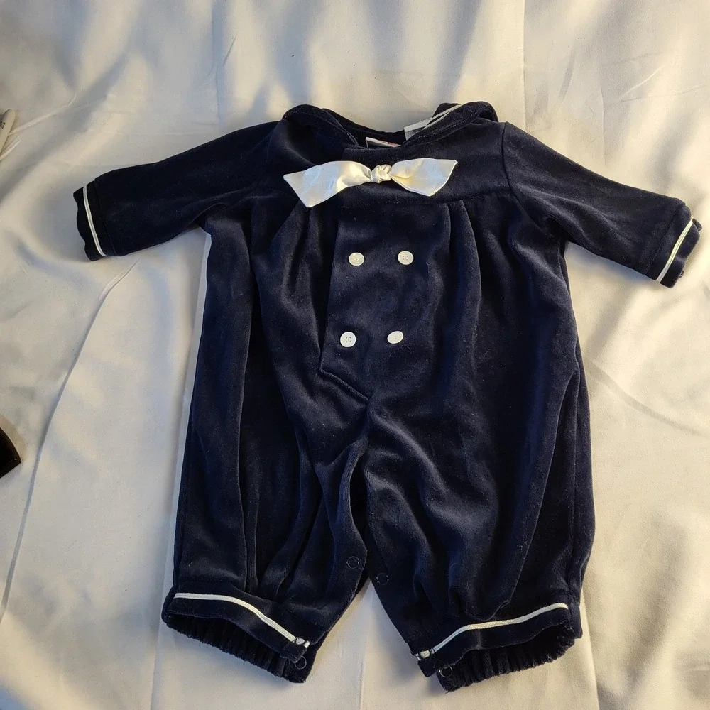 Vintage 3-6 Month Good Lad Sailor Navy Blue Velvet One Piece with Hat